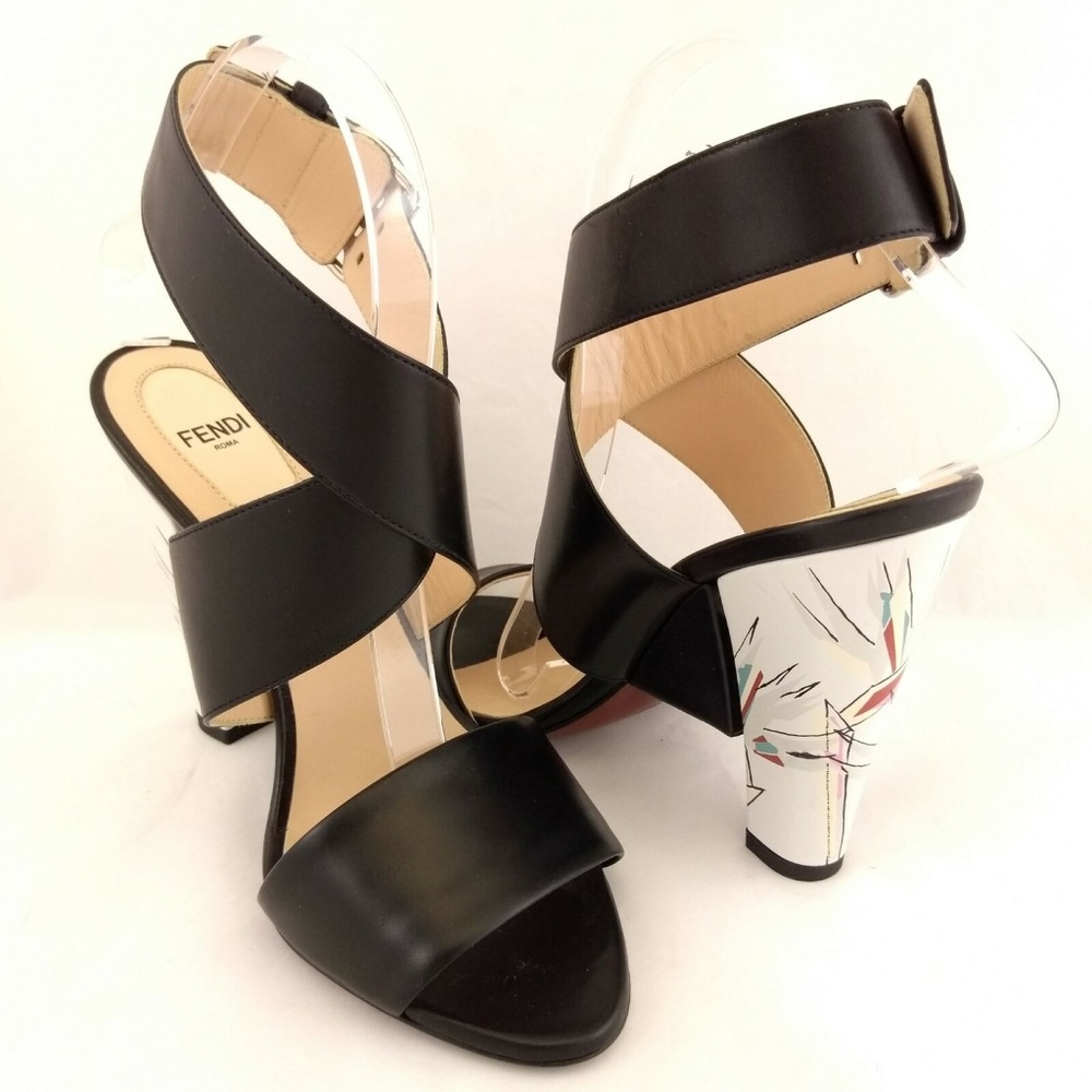NWOB Fendi 37 Heels Black White Ankle Strap Open